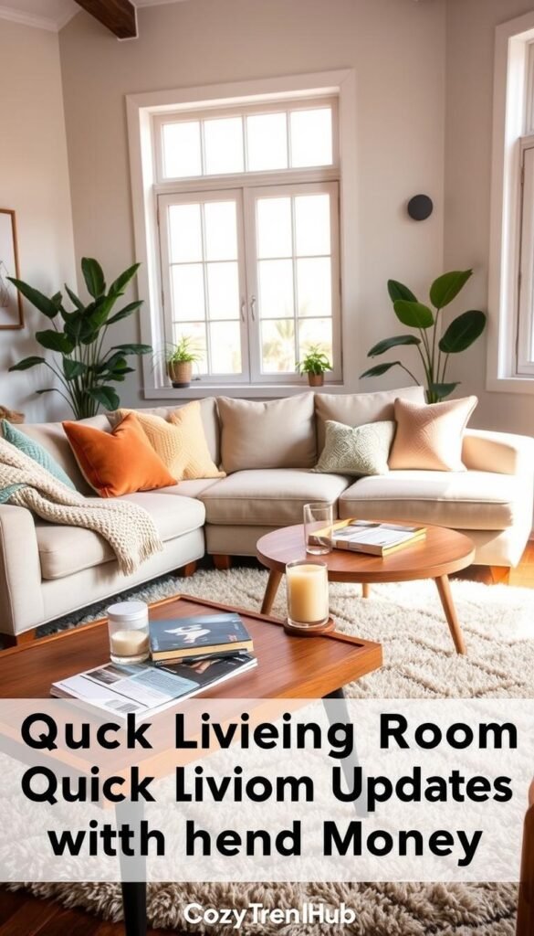 A cozy living room scene with a stylish sectional sofa adorned with colorful throw pillows and a soft, knitted blanket draped over one arm. In the foreground, a wooden coffee table holds a stack of magazines and a fragrant candle, adding a homely touch. The middle features a plush area rug beneath the coffee table, enhancing warmth. In the background, large windows filter in soft, natural light, illuminating indoor plants positioned on either side, bringing life to the space. The walls are accented with neutral tones and a few art pieces that reflect a modern aesthetic. The overall atmosphere is inviting and relaxed, perfect for showcasing quick living room updates without spending money. Capture this in a Pinterest-style lifestyle photo for CozyTrendHub. A cozy living room scene with a stylish sectional sofa adorned with colorful throw pillows and a soft, knitted blanket draped over one arm. In the foreground, a wooden coffee table holds a stack of magazines and a fragrant candle, adding a homely touch. The middle features a plush area rug beneath the coffee table, enhancing warmth. In the background, large windows filter in soft, natural light, illuminating indoor plants positioned on either side, bringing life to the space. The walls are accented with neutral tones and a few art pieces that reflect a modern aesthetic. The overall atmosphere is inviting and relaxed, perfect for showcasing quick living room updates without spending money. Capture this in a Pinterest-style lifestyle photo for CozyTrendHub.