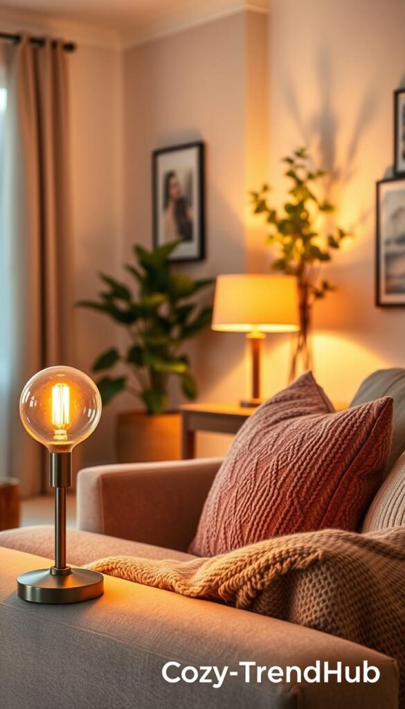A cozy living room scene with warm, inviting lighting that enhances the ambiance. In the foreground, a stylish table lamp with a soft amber bulb casts a gentle glow over a plush sofa adorned with textured cushions and a cozy throw blanket. In the middle ground, a pair of elegant floor lamps stand beside a wooden side table, creating a warm corner perfect for reading. The background features a tastefully decorated wall with subtle art pieces and a lush indoor plant, contributing to a vibrant yet calming atmosphere. The lighting is soft and diffused, reminiscent of golden hour, enveloping the space in a comfortable, homely feel. The image should reflect a Pinterest-style aesthetic, branded subtly as "CozyTrendHub".