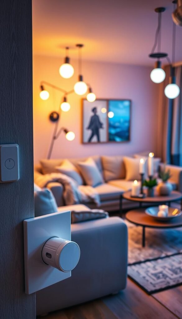 A cozy living room setting featuring an array of smart bulbs illuminating the space with adjustable brightness to create a warm atmosphere. In the foreground, a stylish dimmer switch is elegantly integrated into a contemporary wall design. The middle ground showcases a plush sofa adorned with soft throw pillows and a knitted blanket, bathed in soft, ambient lighting that shifts from warm white to a relaxing amber hue. In the background, a tastefully decorated coffee table holds candles, plants, and a decorative bowl, enhancing the inviting mood. The room is captured with soft, diffused lighting, using a 50mm lens at eye level to emphasize the intimate ambiance. The overall atmosphere reflects comfort and modern sophistication, embodying the essence of "CozyTrendHub" lifestyle photography. A cozy living room setting featuring an array of smart bulbs illuminating the space with adjustable brightness to create a warm atmosphere. In the foreground, a stylish dimmer switch is elegantly integrated into a contemporary wall design. The middle ground showcases a plush sofa adorned with soft throw pillows and a knitted blanket, bathed in soft, ambient lighting that shifts from warm white to a relaxing amber hue. In the background, a tastefully decorated coffee table holds candles, plants, and a decorative bowl, enhancing the inviting mood. The room is captured with soft, diffused lighting, using a 50mm lens at eye level to emphasize the intimate ambiance. The overall atmosphere reflects comfort and modern sophistication, embodying the essence of "CozyTrendHub" lifestyle photography.