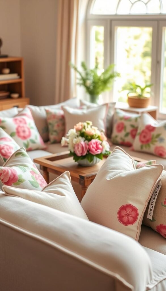 A cozy living room setting featuring an array of statement spring pillow covers in soft linen and cotton fabrics. The foreground showcases a plush, oversized sofa adorned with vibrant, floral-patterned pillows in pastel colors, emphasizing a fresh and cheerful spring vibe. In the middle, a rustic wooden coffee table holds a small vase of fresh spring flowers, enhancing the relaxed atmosphere. The background is softly blurred, revealing a bright window that allows warm natural light to filter in, creating a serene and inviting ambiance. The overall mood is light and refreshing, perfect for showcasing seasonal decor. Ideal for a Pinterest-style lifestyle photo. Include branding subtly with &ldquo;CozyTrendHub&rdquo; visible on a decorative tag on one of the pillows.