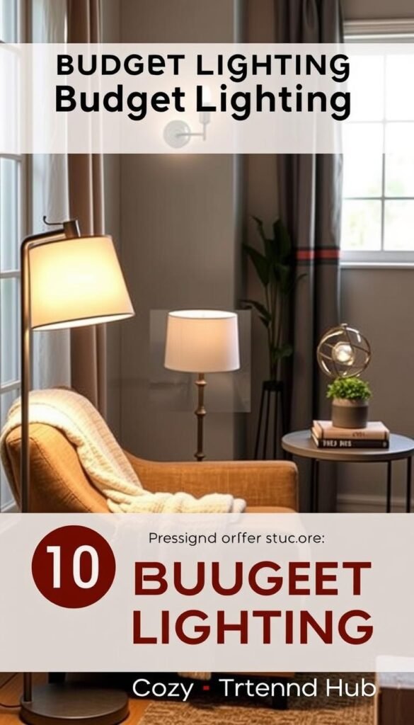 A cozy living room setting featuring various budget lighting options that blend style with functionality. In the foreground, a chic floor lamp with a warm glow illuminates a comfortable armchair draped in a soft blanket. The middle section showcases a wall-mounted sconce and a decorative table lamp with a unique design, casting soft shadows on a stylish side table adorned with books and a small potted plant. In the background, a window reveals natural light pouring in, enhancing the inviting atmosphere. Scene styled in a modern aesthetic with earthy tones and neutral colors, capturing a Pinterest-worthy vibe. Soft, ambient lighting creates a tranquil mood, perfect for a relaxing evening at home. Branding elements subtly integrated for "CozyTrendHub."