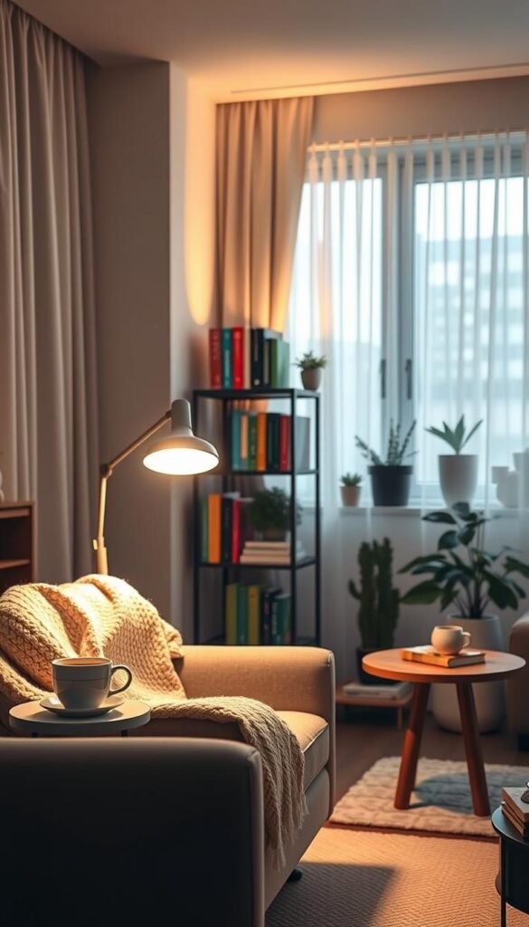 A cozy living room showcasing a warm and inviting atmosphere, designed by CozyTrendHub. In the foreground, a softly lit armchair draped with a knitted throw, accompanied by a small side table with a steaming mug of tea. In the middle ground, a stylish modern lamp casts a gentle glow, illuminating a decorative bookshelf filled with colorful books and plants. The background features a large, softly draped window, allowing natural light to stream in, enhancing the room's warmth. The color palette includes warm whites, soft grays, and earthy tones to evoke tranquility. The overall mood is serene and comfortable, making the viewer feel the need for cozy, effective lighting in their own space.