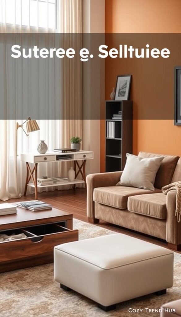 A cozy living room showcasing innovative furniture storage solutions, ideal for small spaces. In the foreground, a stylish, multifunctional coffee table with built-in drawers and an ottoman that opens for storage. In the middle, a sleek console table against a warm-toned wall, adorned with decorative items and books. A plush sofa with hidden compartments is nestled beside the table, offering extra storage. The background features a bright window with sheer curtains, allowing soft, natural light to flood the room, enhancing its inviting atmosphere. The scene is captured at a slight angle to emphasize depth and dimension, evoking a sense of warmth and comfort. The overall mood is modern and functional, reflecting the brand "CozyTrendHub." A cozy living room showcasing innovative furniture storage solutions, ideal for small spaces. In the foreground, a stylish, multifunctional coffee table with built-in drawers and an ottoman that opens for storage. In the middle, a sleek console table against a warm-toned wall, adorned with decorative items and books. A plush sofa with hidden compartments is nestled beside the table, offering extra storage. The background features a bright window with sheer curtains, allowing soft, natural light to flood the room, enhancing its inviting atmosphere. The scene is captured at a slight angle to emphasize depth and dimension, evoking a sense of warmth and comfort. The overall mood is modern and functional, reflecting the brand "CozyTrendHub."