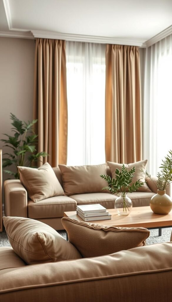 A cozy living space featuring taupe upholstery with subtle undertones, harmonizing beautifully with olive green accents. In the foreground, a plush taupe sofa adorned with soft, oversized cushions invites relaxation. The middle layer showcases a stylish coffee table made of light wood, elegantly styled with a few decorative books and a minimalist vase holding fresh greenery. In the background, a softly lit window drapes sheer curtains, allowing natural light to filter in, casting gentle shadows that enhance the serene atmosphere. The overall mood is warm and inviting, evoking a peaceful sanctuary. Shot with a 50mm lens at a subtle angle to emphasize depth, this realistic, Pinterest-style lifestyle image aligns perfectly with home decor themes. Brand name, CozyTrendHub.