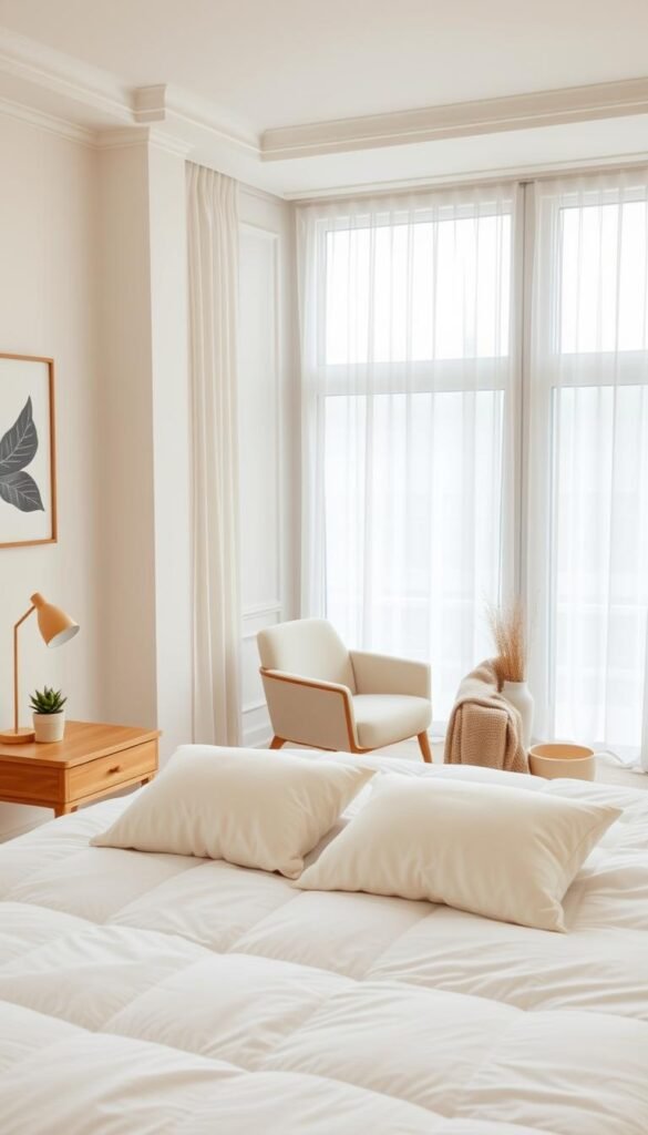 A cozy minimal bedroom setting featuring a soft, neutral color palette of creams and light grays. In the foreground, a neatly made bed with a fluffy white duvet and two plush, lightly colored pillows. On one side, a small wooden bedside table with a single, warm-tone lamp and a small potted succulent. In the middle, a sleek, modern armchair draped with a cozy throw blanket. The walls are adorned with minimalistic art pieces, adding a touch of warmth. In the background, large windows with sheer curtains allowing soft, natural light to bathe the room. The atmosphere is inviting and tranquil, perfect for restful sleep. The style embodies Pinterest-worthy home decor trends curated by CozyTrendHub. A cozy minimal bedroom setting featuring a soft, neutral color palette of creams and light grays. In the foreground, a neatly made bed with a fluffy white duvet and two plush, lightly colored pillows. On one side, a small wooden bedside table with a single, warm-tone lamp and a small potted succulent. In the middle, a sleek, modern armchair draped with a cozy throw blanket. The walls are adorned with minimalistic art pieces, adding a touch of warmth. In the background, large windows with sheer curtains allowing soft, natural light to bathe the room. The atmosphere is inviting and tranquil, perfect for restful sleep. The style embodies Pinterest-worthy home decor trends curated by CozyTrendHub.