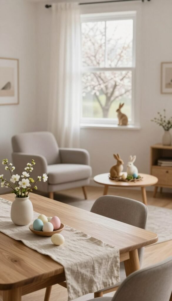 A cozy, minimalist apartment setting showcasing Easter decor in a small space. In the foreground, a simple wooden dining table adorned with delicate pastel eggs, a small potted spring flower, and a soft linen table runner. In the middle, a compact living area with a stylish armchair, a muted color palette, and a minimalistic easter-themed centerpiece, featuring small bunnies and natural elements like twigs or moss. In the background, a soft-lit window draped with sheer curtains, revealing a glimpse of blossoming trees outside. The atmosphere is warm and inviting, with natural light pouring in, creating a peaceful spring vibe. The scene embodies simplicity and elegance, perfect for small apartments or dorms, reflecting the aesthetic of CozyTrendHub. A cozy, minimalist apartment setting showcasing Easter decor in a small space. In the foreground, a simple wooden dining table adorned with delicate pastel eggs, a small potted spring flower, and a soft linen table runner. In the middle, a compact living area with a stylish armchair, a muted color palette, and a minimalistic easter-themed centerpiece, featuring small bunnies and natural elements like twigs or moss. In the background, a soft-lit window draped with sheer curtains, revealing a glimpse of blossoming trees outside. The atmosphere is warm and inviting, with natural light pouring in, creating a peaceful spring vibe. The scene embodies simplicity and elegance, perfect for small apartments or dorms, reflecting the aesthetic of CozyTrendHub.