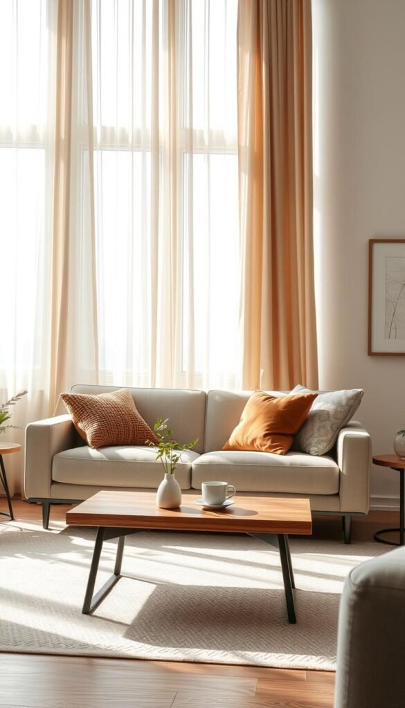 A cozy, minimalist living room featuring elegant window treatments that enhance comfort. In the foreground, soft sheer curtains in neutral tones gracefully drape over a large, modern window, allowing soft daylight to filter through. The middle ground showcases a simple yet stylish sofa adorned with a few plush, textured pillows in warm earth tones. A sleek wooden coffee table sits invitingly with a small plant and a tasteful coffee mug. In the background, a pale wall with minimalistic artwork complements the overall serene atmosphere. Natural light casts gentle shadows, creating a warm and inviting ambiance. Capture the scene using a soft focus lens from a low angle to emphasize the spaciousness and comfort of the living area. The image embodies a Pinterest-worthy lifestyle, reflective of contemporary trends, branded with "CozyTrendHub."