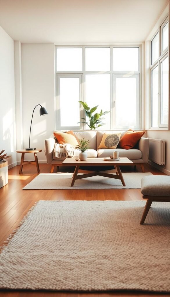 A cozy minimalist living room in a small space, showcasing a warm and inviting atmosphere. In the foreground, a soft, textured area rug lies on polished wooden floors, accompanied by a stylish, low-profile coffee table made of natural wood. The middle ground features a plush, neutral-colored sofa adorned with colorful throw pillows and a knitted blanket, positioned against a light-toned wall. A strategically placed indoor plant adds a touch of greenery. In the background, large windows allow soft, diffused sunlight to flood the room, enhancing the warm color palette. This lifestyle scene reflects the essence of warm minimalism, inviting viewers to envision a peaceful, stylish living area. Designed for "CozyTrendHub," the image captures the perfect blend of comfort and elegance in decor.