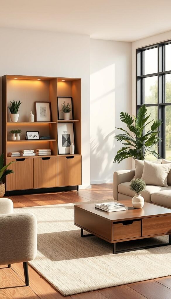 A cozy, minimalist living room showcasing innovative storage solutions that cleverly hide clutter. In the foreground, sleek Scandinavian-inspired furniture with soft textures offers warmth. An elegant, hidden shelving unit blends seamlessly into the wall, adorned with minimalistic decor elements like plants and framed art, creating a harmonious balance. The middle ground features a stylish, light-colored rug and a coffee table with integrated storage components, promoting functionality without sacrificing aesthetics. In the background, large windows let in natural light, enhancing the inviting atmosphere of the space. Use warm, soft lighting to evoke a sense of comfort. The image should reflect a Pinterest-style lifestyle idea for "CozyTrendHub," conveying a trendy yet practical approach to decluttering without bulk.