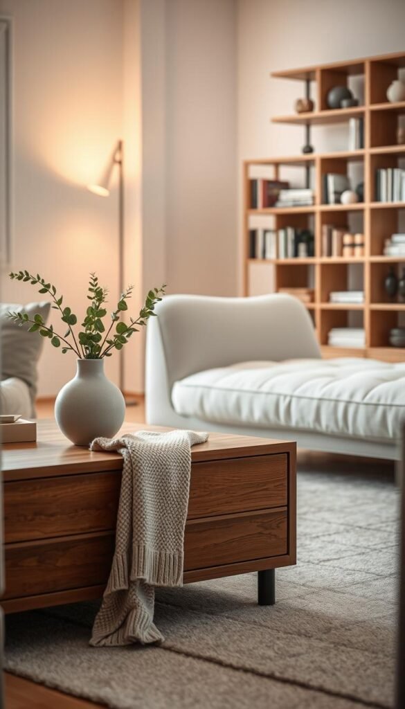 A cozy, minimalist living space featuring functional objects that double as decor, including a sleek wooden coffee table with integrated storage and a modern ceramic vase holding fresh greenery. In the foreground, a soft woolen throw lies casually across the arm of a simple, elegant couch. The middle ground reveals a stylish floor lamp casting warm light, complementing a neutral color palette of whites, grays, and earthy tones. In the background, a minimalist bookshelf showcases a curated selection of books and decorative items that emphasize clean lines and simplicity. Soft, natural light filters through a large window, creating a serene atmosphere. The image exudes an inviting, calming mood, ideal for a modern home. Captured with a warm lens at a shallow depth of field to highlight texture and detail. Inspired by CozyTrendHub.