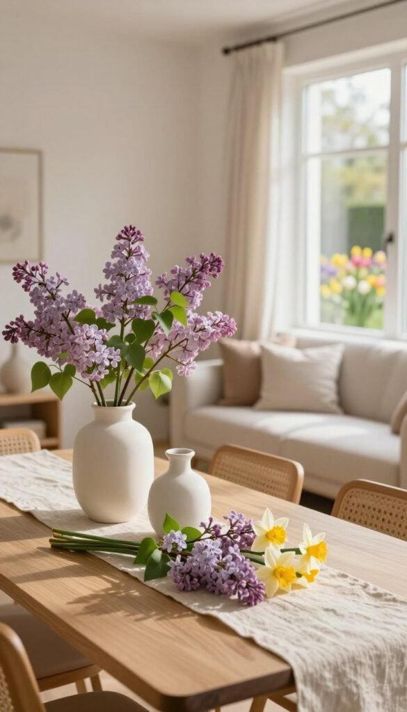 A cozy, minimalist spring home interior featuring pastel-colored blossoms in elegant ceramic vases on a light wooden dining table. In the foreground, a neatly arranged sprig of fresh lilacs and delicate daffodils in white pottery, complemented by a soft linen table runner. The middle ground showcases a living space with a stylish, modern couch adorned with muted throw pillows, near a large window that allows warm, soft daylight to flood the room, creating a serene atmosphere. In the background, light curtains flutter slightly in the breeze, revealing a vibrant garden outside filled with blooming flowers. The image reflects a harmonious balance of nature and modern decor, evoking a tranquil spring ambiance. No text or watermarks. CozyTrendHub.