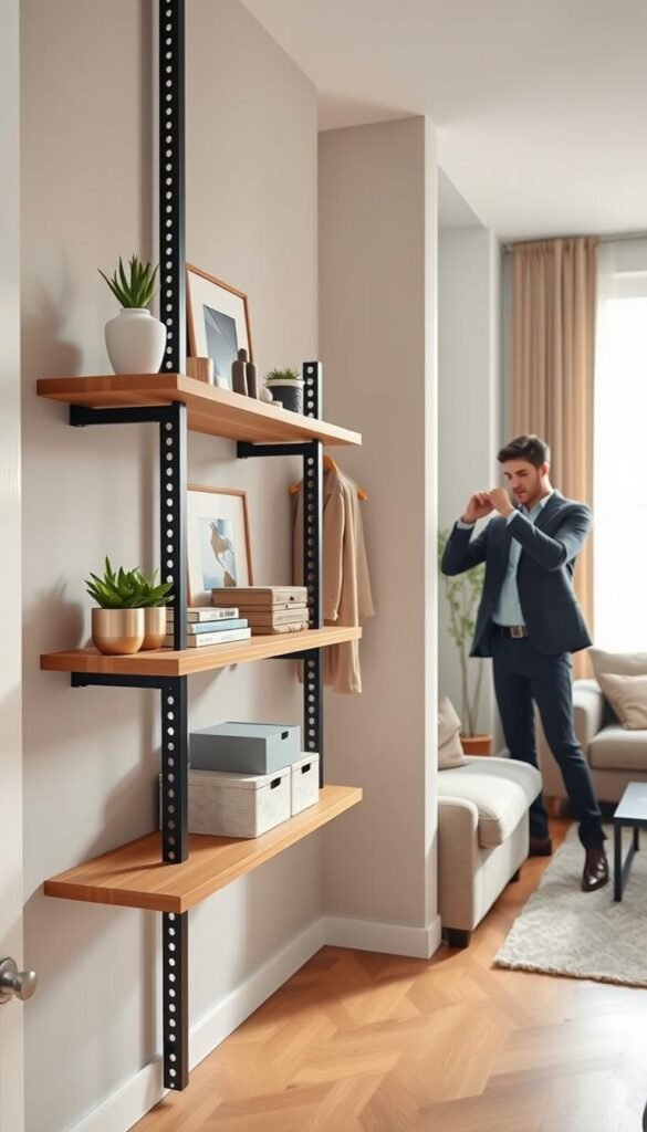 A cozy, modern apartment interior featuring a stylish renter rack installation, designed to maximize space and organizational efficiency. In the foreground, a sleek, wooden shelf holds decorative items like plants and books, accented by a few minimalist storage boxes. In the middle ground, a professional, casually dressed individual examines the renter rack, ensuring its secure attachment to the wall. In the background, a well-lit living room displays neutral-toned furniture, with soft, natural light streaming through a large window. The atmosphere is inviting and practical, embodying a Pinterest-inspired lifestyle theme. Highlight the CozyTrendHub brand for an appealing touch, aiming for a warm and engaging visual that emphasizes smart home organization in small spaces.