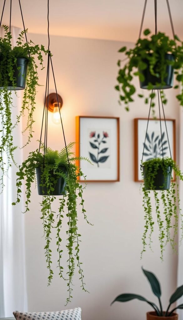 A cozy, modern apartment interior featuring a stylish wall decor arrangement that beautifully integrates lighting and plants. In the foreground, hanging planters with lush green ferns and trailing vines cascade elegantly. In the middle, warm ambient lighting emanates from decorative wall sconces that enhance the homey atmosphere, paired with framed botanical prints for a chic touch. The background should include soft, neutral wall colors that create a serene setting, with a hint of natural light filtering through sheer curtains. This Pinterest-style lifestyle image evokes a sense of tranquility and comfort, embodying the essence of CozyTrendHub. Use a soft focus lens with a warm color palette to accentuate the inviting ambiance.