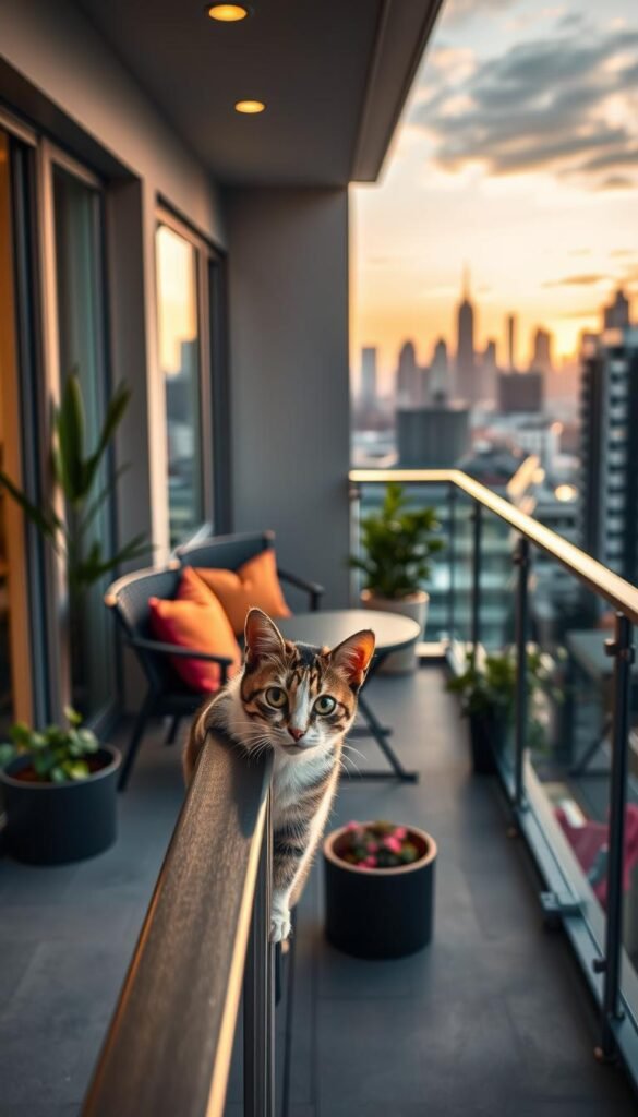 A cozy, modern balcony setup featuring a safe railing solution for cats, designed with decorative netting or clear acrylic barriers that ensure pet safety. In the foreground, a playful cat peeks over the railing, showcasing its curiosity. The middle ground includes stylish balcony furniture, such as a small table and two chairs adorned with vibrant cushions, while potted plants add a touch of greenery. The background reveals a picturesque city skyline under soft, golden hour lighting, creating a warm and inviting atmosphere. The composition captures the essence of pet-friendly elegance, embodying the brand CozyTrendHub. The image should convey a sense of safety and comfort, ensuring that pets can enjoy the balcony while providing a beautiful living space. A cozy, modern balcony setup featuring a safe railing solution for cats, designed with decorative netting or clear acrylic barriers that ensure pet safety. In the foreground, a playful cat peeks over the railing, showcasing its curiosity. The middle ground includes stylish balcony furniture, such as a small table and two chairs adorned with vibrant cushions, while potted plants add a touch of greenery. The background reveals a picturesque city skyline under soft, golden hour lighting, creating a warm and inviting atmosphere. The composition captures the essence of pet-friendly elegance, embodying the brand CozyTrendHub. The image should convey a sense of safety and comfort, ensuring that pets can enjoy the balcony while providing a beautiful living space.