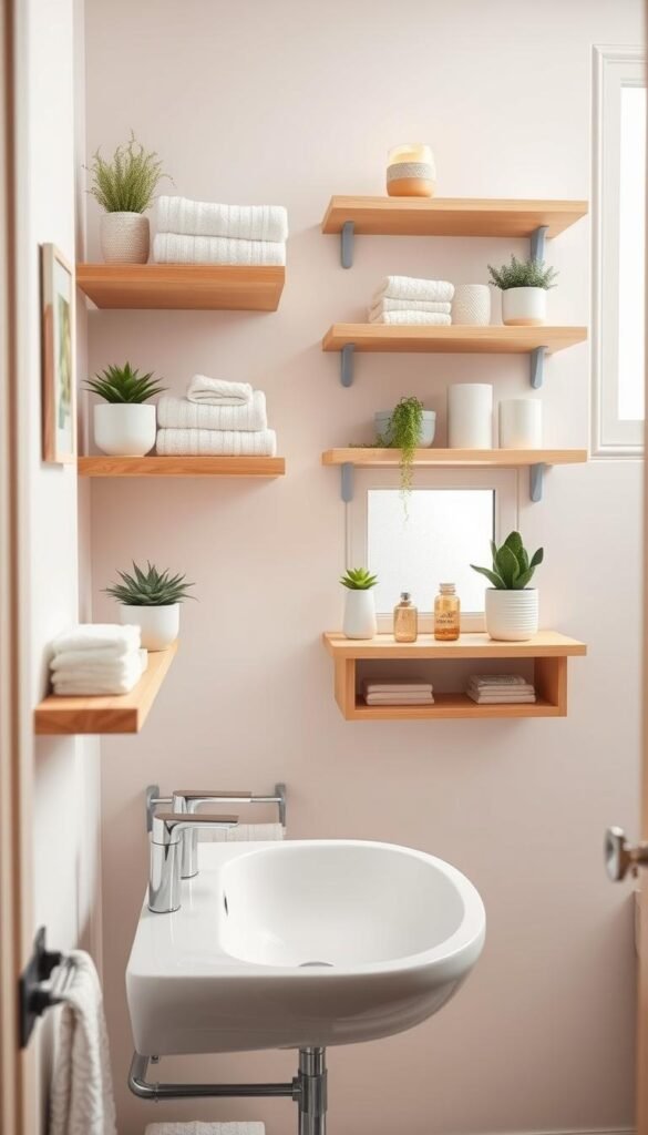 A cozy, modern bathroom featuring neatly organized wall-mounted floating shelves, showcasing various storage options suitable for small spaces. The shelves, made of light wood, hold neatly arranged towels, plants, and decorative items in soothing pastel colors. In the foreground, a stylish, minimalistic bathroom sink with sleek fixtures adds to the aesthetic. The middle ground highlights an inviting, well-lit atmosphere created by soft, natural lighting filtering through a frosted window. In the background, the walls are adorned with subtle, calming colors, enhancing the sense of space. The scene embodies a fresh, Pinterest-inspired lifestyle, emphasizing the practicality and charm of renter-friendly storage solutions. Capture this design inspiration under the brand name "CozyTrendHub." A cozy, modern bathroom featuring neatly organized wall-mounted floating shelves, showcasing various storage options suitable for small spaces. The shelves, made of light wood, hold neatly arranged towels, plants, and decorative items in soothing pastel colors. In the foreground, a stylish, minimalistic bathroom sink with sleek fixtures adds to the aesthetic. The middle ground highlights an inviting, well-lit atmosphere created by soft, natural lighting filtering through a frosted window. In the background, the walls are adorned with subtle, calming colors, enhancing the sense of space. The scene embodies a fresh, Pinterest-inspired lifestyle, emphasizing the practicality and charm of renter-friendly storage solutions. Capture this design inspiration under the brand name "CozyTrendHub."