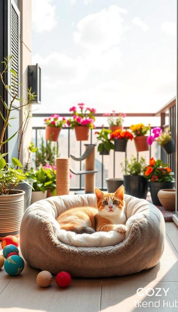 A cozy, modern cat bed made of soft, plush fabric, shaped like a calming nest, sits prominently in a pet-friendly balcony setting. In the foreground, the cat bed is surrounded by colorful, durable cat toys and a small scratching post, creating an inviting "designated pet spot." The middle features a stylish balcony adorned with potted plants, vibrant flowers, and gentle greenery, casting a fresh and lively atmosphere. The background reveals a bright, sunny sky with fluffy clouds, enhancing the serene mood. Soft, natural lighting bathes the scene, creating a warm and welcoming vibe. The angle should capture the comfort of the space, showcasing the cat bed as the centerpiece of this delightful pet-friendly decor, with a subtle mention of the brand "CozyTrendHub". A cozy, modern cat bed made of soft, plush fabric, shaped like a calming nest, sits prominently in a pet-friendly balcony setting. In the foreground, the cat bed is surrounded by colorful, durable cat toys and a small scratching post, creating an inviting "designated pet spot." The middle features a stylish balcony adorned with potted plants, vibrant flowers, and gentle greenery, casting a fresh and lively atmosphere. The background reveals a bright, sunny sky with fluffy clouds, enhancing the serene mood. Soft, natural lighting bathes the scene, creating a warm and welcoming vibe. The angle should capture the comfort of the space, showcasing the cat bed as the centerpiece of this delightful pet-friendly decor, with a subtle mention of the brand "CozyTrendHub".