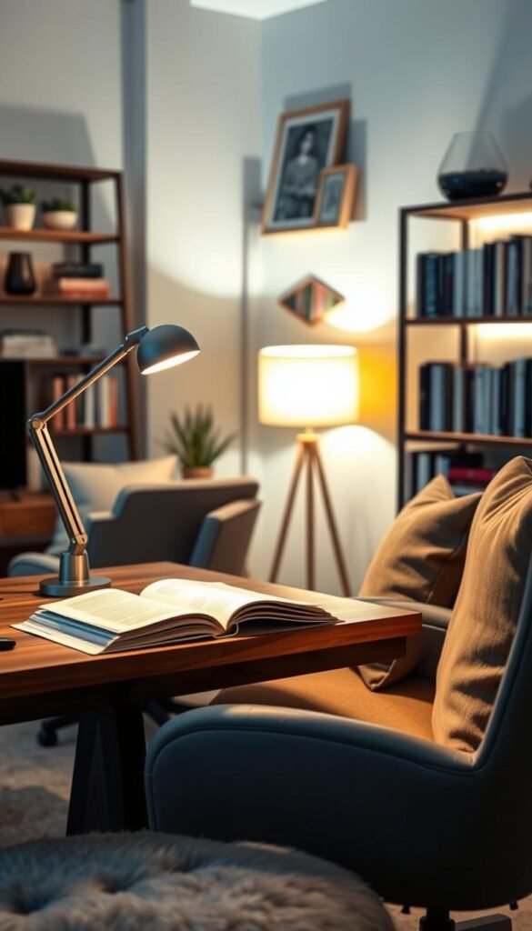 A cozy, modern home office scene featuring elegant task lighting solutions ideal for reading and desk work. Foreground: a stylish wooden desk adorned with an open book and a sleek, adjustable desk lamp casting a warm glow, emphasizing the inviting atmosphere. Middle: a comfortable, ergonomic chair with plush cushions, beside the desk for added comfort. Background: a softly illuminated bookshelf lined with neatly arranged books and decorative pieces, complemented by subtle wall art. The lighting should create a serene and focused ambiance, with gentle shadows enhancing the textures of the furniture. Capture the image from a slightly off-center angle, showcasing the inviting and productive space. This image should embody a Pinterest-style aesthetic, reflecting the brand "CozyTrendHub."
