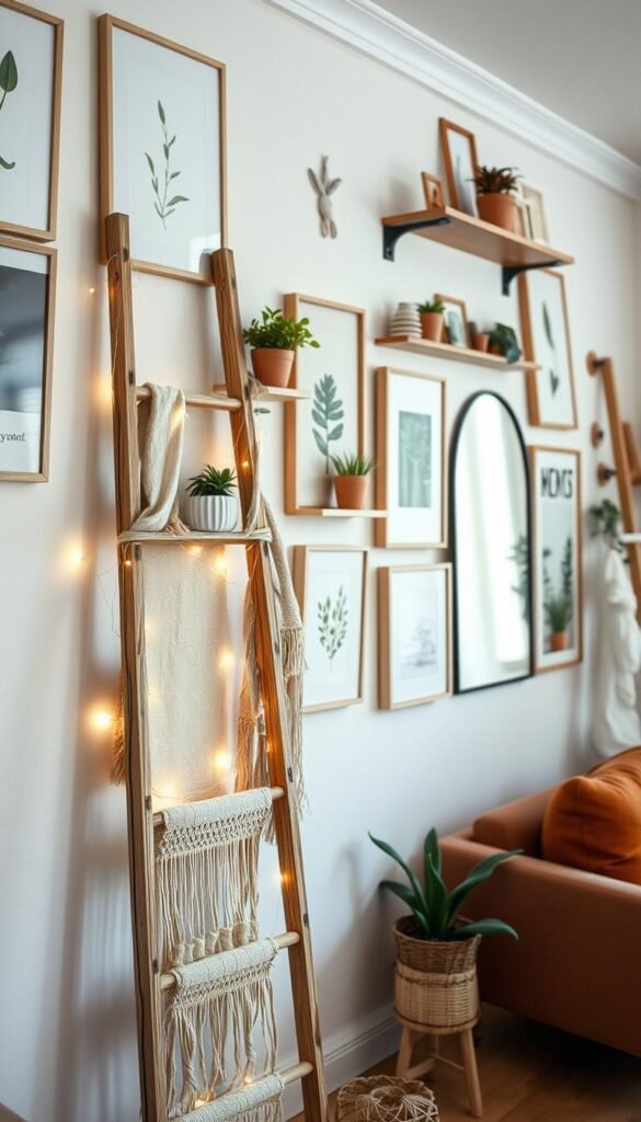 A cozy, modern interior featuring a wall decorated with a variety of aesthetic elements, showcasing a harmonious blend of art prints, botanical wall hangings, and decorative shelves with small potted plants. In the foreground, a stylish ladder leaning against the wall holds fabric wall hangings and fairy lights, creating a warm ambiance. The middle ground highlights a minimalist gallery wall with framed art in neutral tones and a statement mirror reflecting soft, natural light. The background reveals a hint of an inviting seating area, adding depth without clutter. The scene is softly lit, evoking a serene, inviting mood, perfect for small spaces. The overall feel is chic and trendy, ideal for a Pinterest-worthy lifestyle photo. --v 5 --ar 16:9 --q 2 --style 4b --by CozyTrendHub A cozy, modern interior featuring a wall decorated with a variety of aesthetic elements, showcasing a harmonious blend of art prints, botanical wall hangings, and decorative shelves with small potted plants. In the foreground, a stylish ladder leaning against the wall holds fabric wall hangings and fairy lights, creating a warm ambiance. The middle ground highlights a minimalist gallery wall with framed art in neutral tones and a statement mirror reflecting soft, natural light. The background reveals a hint of an inviting seating area, adding depth without clutter. The scene is softly lit, evoking a serene, inviting mood, perfect for small spaces. The overall feel is chic and trendy, ideal for a Pinterest-worthy lifestyle photo. --v 5 --ar 16:9 --q 2 --style 4b --by CozyTrendHub