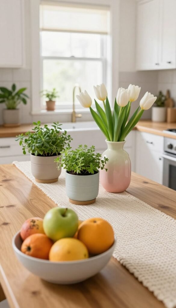A cozy, modern kitchen beautifully decorated for spring, featuring fresh herbs in stylish pots on a wooden countertop, with a bowl of vibrant, seasonal fruits in the foreground. The middle ground displays charming decorative items like a pastel-colored vase holding tulips and a light, woven runner across the table, creating a serene ambiance. The background reveals bright, airy windows allowing sunlight to flood the space, complemented by white cabinets and a hint of greenery from potted plants. Capture the scene with soft, natural lighting emphasizing a warm and inviting atmosphere, shot from a slight overhead angle to enhance depth. This image embodies the essence of renter-friendly spring decor by CozyTrendHub that is functional yet elegant, perfect for inspiring fresh ideas.