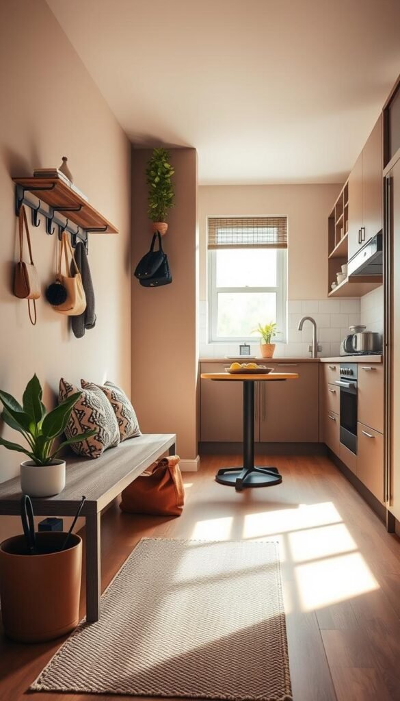 A cozy, modern kitchen designed for small spaces, featuring a minimalist drop zone with a stylish bench, hooks for bags, and neatly organized shelves. In the foreground, a textured wooden bench with decorative cushions invites relaxation, while a potted plant adds a touch of greenery. The middle ground showcases sleek cabinetry, a compact, multifunctional table, and subtle kitchen appliances, all in a warm, inviting color palette. The background reveals natural light streaming in through a window, complementing the airy atmosphere. Shot with a 35mm lens, capturing warm ambient lighting that enhances the space's inviting feel. The overall mood is tranquil and practical, exemplifying smart design choices for maximizing small kitchen areas. This image embodies contemporary home decor inspiration from CozyTrendHub. A cozy, modern kitchen designed for small spaces, featuring a minimalist drop zone with a stylish bench, hooks for bags, and neatly organized shelves. In the foreground, a textured wooden bench with decorative cushions invites relaxation, while a potted plant adds a touch of greenery. The middle ground showcases sleek cabinetry, a compact, multifunctional table, and subtle kitchen appliances, all in a warm, inviting color palette. The background reveals natural light streaming in through a window, complementing the airy atmosphere. Shot with a 35mm lens, capturing warm ambient lighting that enhances the space's inviting feel. The overall mood is tranquil and practical, exemplifying smart design choices for maximizing small kitchen areas. This image embodies contemporary home decor inspiration from CozyTrendHub.