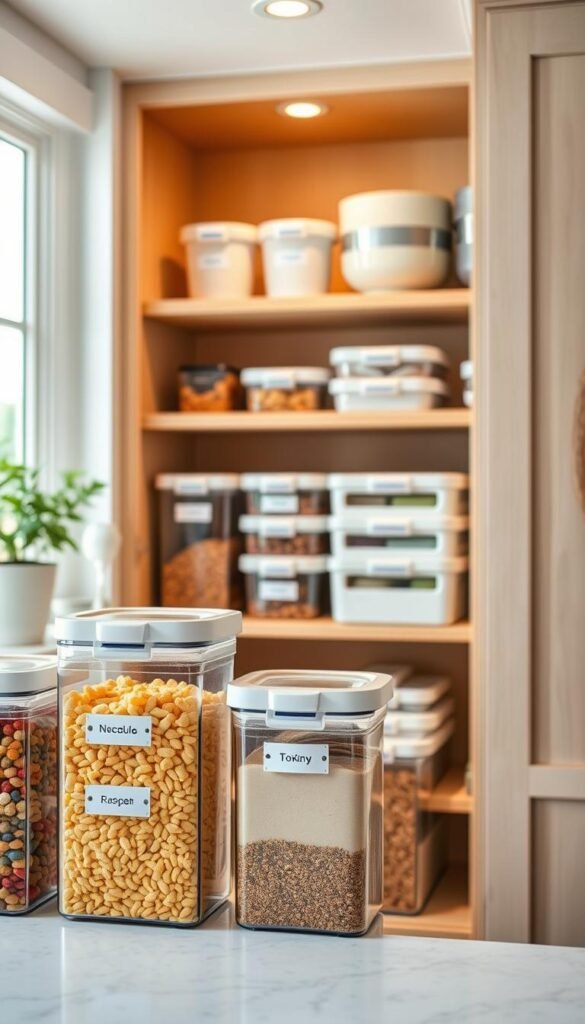 A cozy, modern kitchen featuring a set of stylish stackable bins and labeled containers neatly arranged in a pantry cabinet. In the foreground, focus on clear, labeled containers filled with colorful ingredients like pasta, grains, and snacks. The middle of the image showcases various stackable bins in soft pastel colors, thoughtfully organized on wooden shelves. In the background, a warm kitchen ambiance with soft natural light streaming through a window, highlighting the sleek design of the kitchen and the textures of the cabinetry. The overall mood is inviting and organized, reflecting a Pinterest-style lifestyle aesthetic perfect for home decor enthusiasts. Branding visible as "CozyTrendHub" integrated subtly into the design.