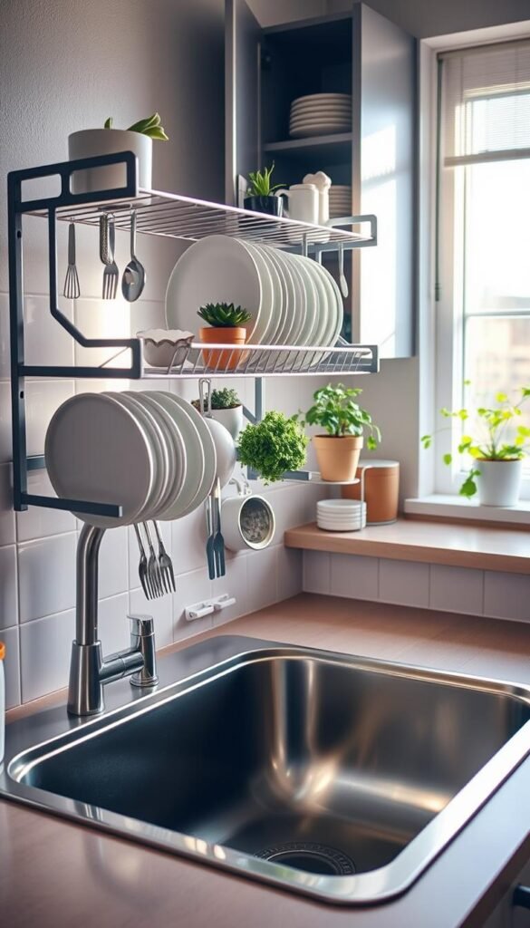 A cozy, modern kitchen featuring an over-the-sink dish rack that elegantly reclaims counter space in a small apartment. In the foreground, the sleek dish rack is filled with clean dishes, utensils, and plants, showcasing a practical yet stylish design. In the middle ground, the stainless-steel sink gleams under soft, natural light coming from a nearby window, emphasizing the airy atmosphere. The background features open cabinets with neatly arranged kitchenware and a subtle pop of greenery from potted herbs on the windowsill. The overall vibe is inviting and organized, perfect for renters looking for functional storage solutions. Capture this scene with a warm, soft focus, evoking a sense of home and practicality, resonating with the essence of "CozyTrendHub."