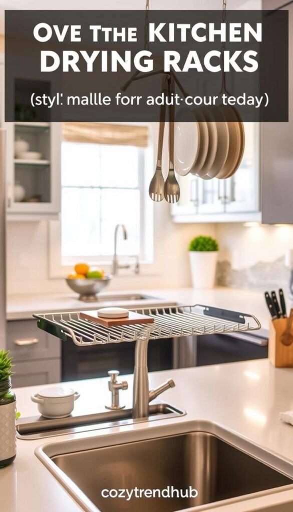 A cozy, modern kitchen featuring stylish over-the-sink drying racks that create additional counter space. In the foreground, showcase an elegant stainless steel drying rack, lightly glistening with water droplets, holding freshly washed dishes and utensils. The middle ground displays a clear view of a neatly organized kitchen countertop with a fruit bowl, cutting board, and knife set. In the background, softly lit kitchen cabinets and a window allow natural light to flow in, creating a warm and inviting atmosphere. The scene is framed at an angle to emphasize the counter space gained by the drying rack, enhancing its practicality. The overall mood reflects a functional yet aesthetically pleasing kitchen setup, perfect for small spaces. Photographed in a Pinterest-worthy style, with soft, diffused lighting that highlights the sleek design of the drying rack. Branding: CozyTrendHub. A cozy, modern kitchen featuring stylish over-the-sink drying racks that create additional counter space. In the foreground, showcase an elegant stainless steel drying rack, lightly glistening with water droplets, holding freshly washed dishes and utensils. The middle ground displays a clear view of a neatly organized kitchen countertop with a fruit bowl, cutting board, and knife set. In the background, softly lit kitchen cabinets and a window allow natural light to flow in, creating a warm and inviting atmosphere. The scene is framed at an angle to emphasize the counter space gained by the drying rack, enhancing its practicality. The overall mood reflects a functional yet aesthetically pleasing kitchen setup, perfect for small spaces. Photographed in a Pinterest-worthy style, with soft, diffused lighting that highlights the sleek design of the drying rack. Branding: CozyTrendHub.
