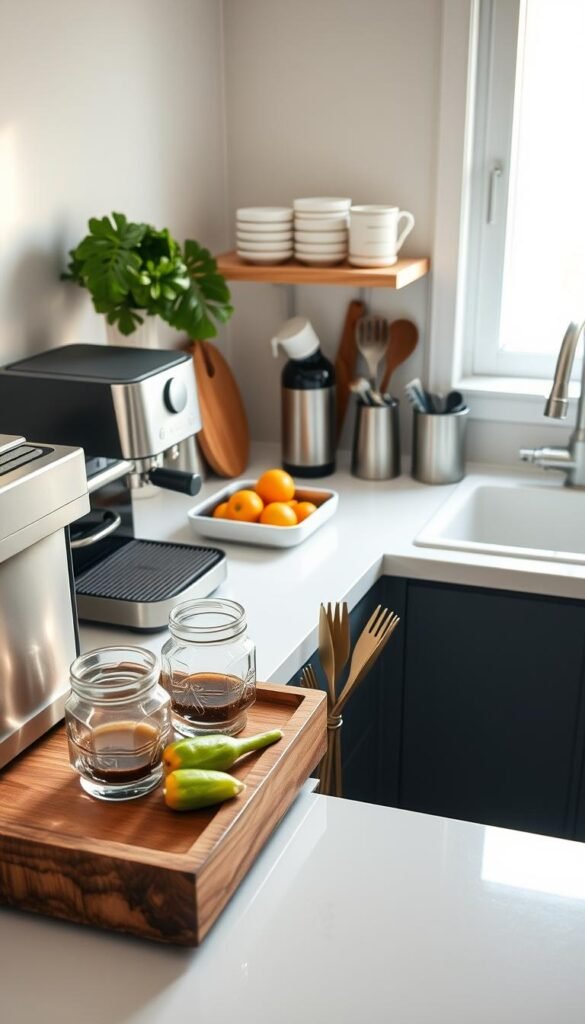 A cozy, modern kitchen zone designed for optimal organization with a clear counter setup. In the foreground, a beautifully arranged coffee station featuring a sleek espresso machine, artisan coffee beans in glass jars, and elegant mugs on a rustic wooden tray. The middle layer showcases a clean prep area with fresh vegetables on a cutting board, an olive oil dispenser, and neatly stacked kitchen utensils in a stylish holder. In the background, a spotless sink area with a sparkling tap and minimalist dish rack. Soft, natural lighting streams through the window, creating a warm and inviting atmosphere. The overall mood is serene and clutter-free, embodying the essence of functional and stylish kitchen organization. Capture this image in a Pinterest-style manner reflecting home decor trends. CozyTrendHub.