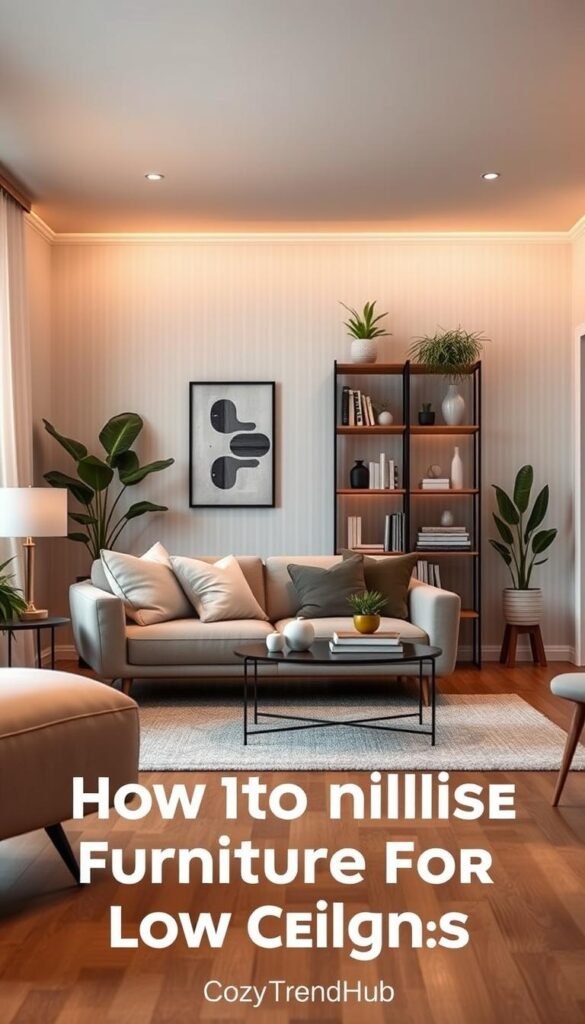 A cozy, modern living room designed for low ceilings, emphasizing furniture that creates an illusion of height. The foreground features a sleek, low-profile sofa adorned with light-colored throw pillows, set against a backdrop of a soft, textured rug. The middle ground showcases a stylish coffee table and a tall, narrow bookshelf filled with decorative plants and art books, enhancing verticality. In the background, a softly painted wall with vertical stripes adds depth, while ambient lighting casts warm hues, creating an inviting atmosphere. The lens captures the scene from a slightly elevated angle, creating a Pinterest-inspired aesthetic that feels spacious and airy. The image embodies stylish decor from CozyTrendHub, illustrating how to accentuate height in a compact space. A cozy, modern living room designed for low ceilings, emphasizing furniture that creates an illusion of height. The foreground features a sleek, low-profile sofa adorned with light-colored throw pillows, set against a backdrop of a soft, textured rug. The middle ground showcases a stylish coffee table and a tall, narrow bookshelf filled with decorative plants and art books, enhancing verticality. In the background, a softly painted wall with vertical stripes adds depth, while ambient lighting casts warm hues, creating an inviting atmosphere. The lens captures the scene from a slightly elevated angle, creating a Pinterest-inspired aesthetic that feels spacious and airy. The image embodies stylish decor from CozyTrendHub, illustrating how to accentuate height in a compact space.