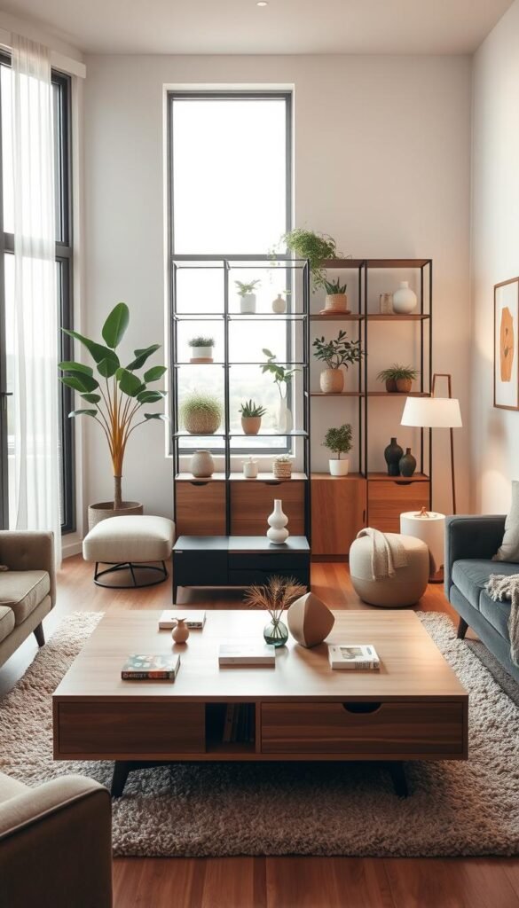 A cozy, modern living room designed for small spaces, featuring a minimalist aesthetic with space-saving furniture. In the foreground, a sleek, multifunctional coffee table with built-in storage, surrounded by stylish yet compact seating arrangements. In the middle, an elegant shelving unit showcasing decor and houseplants, maximizing vertical space. The background reveals large windows with natural light streaming in, illuminating the soft, neutral color palette of the room. A plush area rug adds warmth, while subtle wall art enhances the space without overwhelming it. The atmosphere is inviting and airy, ideal for apartment living. Capture this lifestyle scene with a warm, soft-focus effect, akin to Pinterest-worthy home decor photos. Include branding elements for "CozyTrendHub" subtly within the decor.