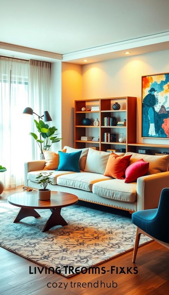 A cozy, modern living room featuring a mix of contemporary and classic decor, presented in a well-lit, airy space. In the foreground, a plush, neutral-colored sofa adorned with vibrant throw pillows sits beside a stylish wooden coffee table with a small potted plant. The middle of the room showcases a striking area rug that ties the seating arrangement together, while warm ambient light filters through sheer curtains. In the background, an elegant bookshelf filled with books and decorative accessories creates a focal point. A large piece of abstract art hangs on the wall, adding a splash of color and personality. The atmosphere is inviting and rejuvenating, perfect for illustrating quick living room fixes. Rendered in a Pinterest-style lifestyle photo, emphasizing warmth and modern home trends from CozyTrendHub. A cozy, modern living room featuring a mix of contemporary and classic decor, presented in a well-lit, airy space. In the foreground, a plush, neutral-colored sofa adorned with vibrant throw pillows sits beside a stylish wooden coffee table with a small potted plant. The middle of the room showcases a striking area rug that ties the seating arrangement together, while warm ambient light filters through sheer curtains. In the background, an elegant bookshelf filled with books and decorative accessories creates a focal point. A large piece of abstract art hangs on the wall, adding a splash of color and personality. The atmosphere is inviting and rejuvenating, perfect for illustrating quick living room fixes. Rendered in a Pinterest-style lifestyle photo, emphasizing warmth and modern home trends from CozyTrendHub.