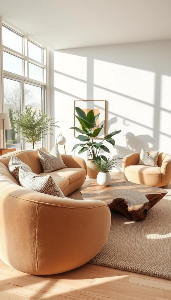 A cozy modern living room featuring organic furniture shapes that embody a softer, contemporary aesthetic. The foreground showcases a flowing, curved sofa in warm beige fabric, adorned with plush, patterned throw pillows. Beside it, an irregularly shaped wooden coffee table with organic lines, set atop a textured area rug. In the middle, a large potted plant adds a touch of greenery, while soft natural light pours through expansive windows, casting gentle shadows across the room. The background displays a minimalist art piece and light-colored walls, enhancing the serene atmosphere. The scene is captured with a wide-angle lens at eye level, creating an inviting and harmonious feel. Ideal for the brand CozyTrendHub's Pinterest-style visual inspiration.