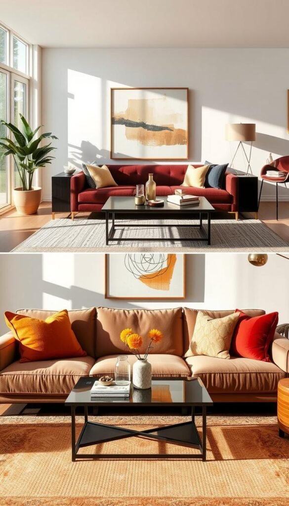 A cozy, modern living room split into two distinct areas showcasing budget and premium decor pieces side by side. In the foreground, a plush, affordable sofa adorned with bright throw pillows and an inviting budget coffee table, complemented by a stylish yet inexpensive rug. The middle layer features a contrasting area with a luxurious, designer sofa in deep velvet, paired with an elegant high-end coffee table and tasteful decor items, like a large abstract art piece and sophisticated lighting. The background reveals large windows allowing warm, natural light to flood the room, casting soft shadows. The scene embodies a welcoming, stylish atmosphere, reflecting the lifestyle aesthetics of CozyTrendHub, with a harmonious blend of comfort and elegance, ideal for Pinterest-inspired interior design inspiration. A cozy, modern living room split into two distinct areas showcasing budget and premium decor pieces side by side. In the foreground, a plush, affordable sofa adorned with bright throw pillows and an inviting budget coffee table, complemented by a stylish yet inexpensive rug. The middle layer features a contrasting area with a luxurious, designer sofa in deep velvet, paired with an elegant high-end coffee table and tasteful decor items, like a large abstract art piece and sophisticated lighting. The background reveals large windows allowing warm, natural light to flood the room, casting soft shadows. The scene embodies a welcoming, stylish atmosphere, reflecting the lifestyle aesthetics of CozyTrendHub, with a harmonious blend of comfort and elegance, ideal for Pinterest-inspired interior design inspiration.