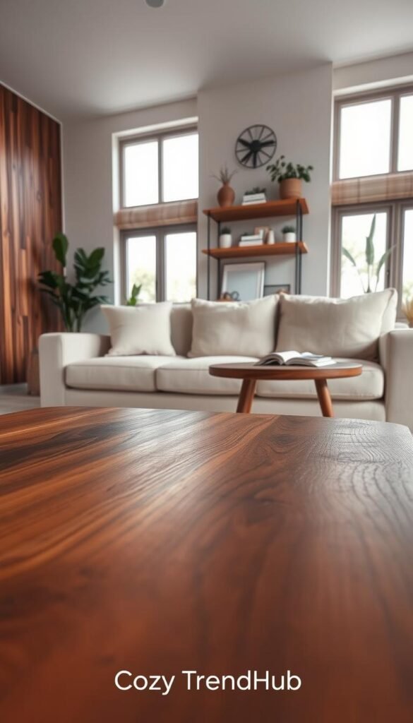 A cozy, modern living space featuring rich, textured wood accents that add warmth and character. In the foreground, a smooth walnut coffee table with warm wood grains, surrounded by minimalist, neutral-toned decor. In the middle ground, a soft, beige sofa adorned with light throw pillows, and a wooden shelf displaying stylish plants and decorative elements. The background reveals a softly lit room with large windows allowing natural daylight to filter in, enhancing the inviting atmosphere. The scene is captured from a slightly elevated angle, evoking a Pinterest-style lifestyle photo that emphasizes contemporary, stylish living. The image reflects the aesthetic of "CozyTrendHub", showcasing wood elements that harmonize with a modern, neutral color palette.