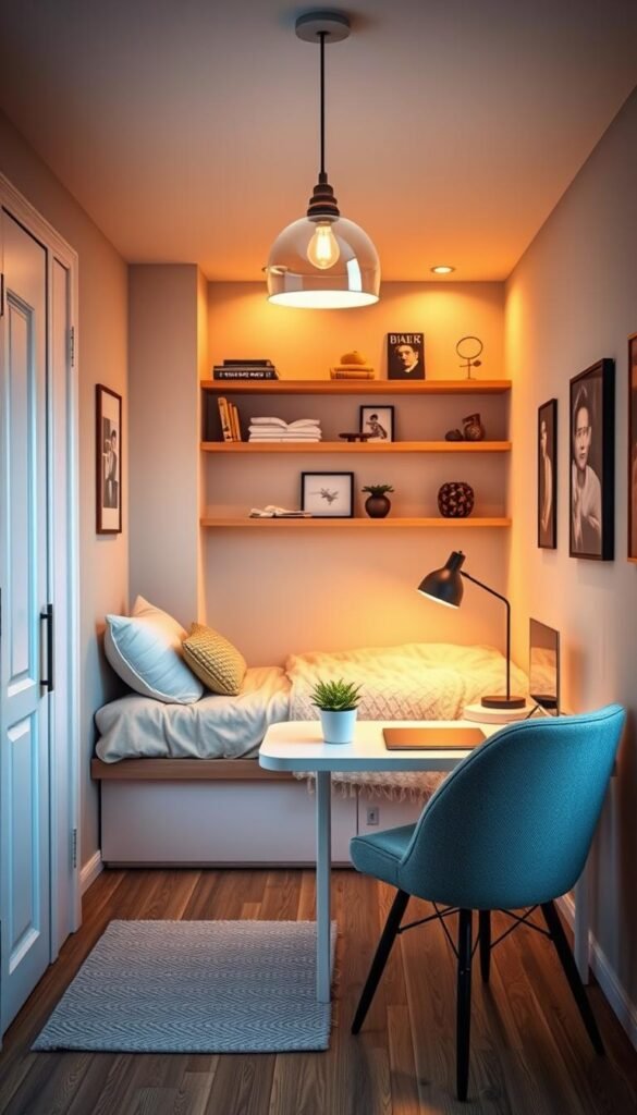 A cozy, multi-functional small bedroom designed for both sleep and focus, featuring a well-organized space with a compact bed against a wall, layered with soft textiles and decorative pillows. In the foreground, a small, stylish workspace with a minimalist desk and a comfortable chair, adorned with a small potted plant. The middle of the room displays warm ambient lighting from a pendant lamp, casting a soft glow. The background showcases an accent wall with shelves artfully displaying books and decorative items, creating an inviting atmosphere. The color palette consists of soothing earth tones and soft pastels. The scene captures a Pinterest-style aesthetic, emphasizing tranquility and productivity. Designed by CozyTrendHub. A cozy, multi-functional small bedroom designed for both sleep and focus, featuring a well-organized space with a compact bed against a wall, layered with soft textiles and decorative pillows. In the foreground, a small, stylish workspace with a minimalist desk and a comfortable chair, adorned with a small potted plant. The middle of the room displays warm ambient lighting from a pendant lamp, casting a soft glow. The background showcases an accent wall with shelves artfully displaying books and decorative items, creating an inviting atmosphere. The color palette consists of soothing earth tones and soft pastels. The scene captures a Pinterest-style aesthetic, emphasizing tranquility and productivity. Designed by CozyTrendHub.