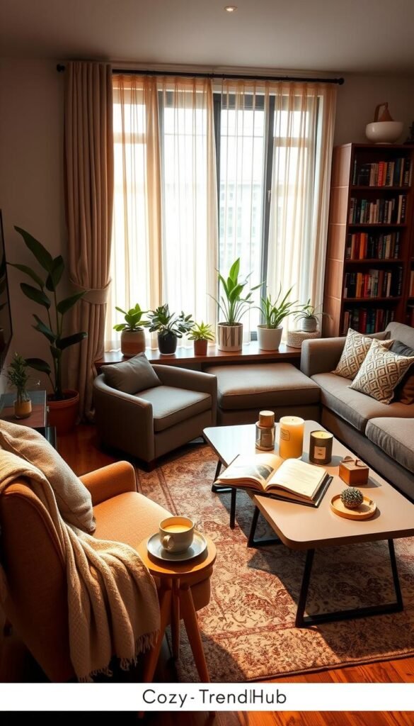 A cozy multi-purpose living room setup, featuring a stylish corner nook perfect for reading and relaxing. In the foreground, a plush armchair draped with a soft throw blanket sits alongside a small side table topped with a steaming cup of tea and an open book. The middle section includes a modern coffee table adorned with decorative items like candles and succulents, surrounded by a comfortable sectional sofa with patterned cushions. The background showcases a large window with sheer curtains allowing warm, natural light to fill the space, illuminating a bookshelf filled with colorful spines and indoor plants. The overall atmosphere is inviting and serene, conveying a perfect blend of style and functionality. Ideal for a Pinterest-style lifestyle photo by CozyTrendHub. A cozy multi-purpose living room setup, featuring a stylish corner nook perfect for reading and relaxing. In the foreground, a plush armchair draped with a soft throw blanket sits alongside a small side table topped with a steaming cup of tea and an open book. The middle section includes a modern coffee table adorned with decorative items like candles and succulents, surrounded by a comfortable sectional sofa with patterned cushions. The background showcases a large window with sheer curtains allowing warm, natural light to fill the space, illuminating a bookshelf filled with colorful spines and indoor plants. The overall atmosphere is inviting and serene, conveying a perfect blend of style and functionality. Ideal for a Pinterest-style lifestyle photo by CozyTrendHub.