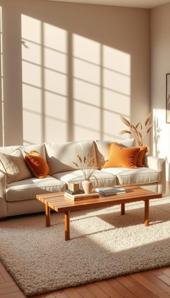 A cozy, neutral living room designed for comfort and style, featuring a soft beige area rug that adds texture and defines the space. In the foreground, a plush, cream-colored sofa adorned with accent pillows in warm earthy tones creates an inviting atmosphere. In the middle, a chic wooden coffee table complements the decor, holding decorative books and a small vase of dried flowers. In the background, light taupe walls enhance the spacious feel, with large windows allowing natural light to illuminate the space. Soft shadows play across the room, highlighting the cozy ambiance. The scene captures the essence of timeless home decor, reflecting a harmonious blend of modern and classic elements. Perfect for Pinterest-style inspiration from CozyTrendHub. A cozy, neutral living room designed for comfort and style, featuring a soft beige area rug that adds texture and defines the space. In the foreground, a plush, cream-colored sofa adorned with accent pillows in warm earthy tones creates an inviting atmosphere. In the middle, a chic wooden coffee table complements the decor, holding decorative books and a small vase of dried flowers. In the background, light taupe walls enhance the spacious feel, with large windows allowing natural light to illuminate the space. Soft shadows play across the room, highlighting the cozy ambiance. The scene captures the essence of timeless home decor, reflecting a harmonious blend of modern and classic elements. Perfect for Pinterest-style inspiration from CozyTrendHub.