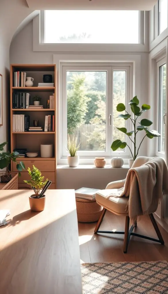 A cozy, organized home office space bathed in soft, natural light, showcasing a minimalist approach. In the foreground, a sleek wooden desk with a few carefully placed stationery items and a thriving small potted plant. The middle ground features a stylish bookshelf adorned with neatly arranged books and decor items, demonstrating effective no-container organizing. A comfortable chair with a modest, cozy throw is nearby, inviting productivity. In the background, large windows offer a view of a serene garden, filtering gentle sunlight into the room. The atmosphere is tranquil and inviting, perfect for focus and creativity. Capture this scene in a warm color palette reminiscent of "CozyTrendHub," emphasizing home decor and lifestyle aesthetics.