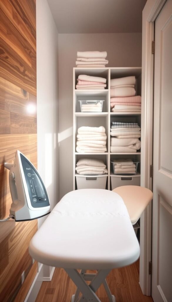 A cozy, organized laundry room featuring a dedicated folding, ironing, and steaming zone, ideal for a small space. In the foreground, a streamlined ironing board with a fresh, crisp white cover set against a stylish wooden accent wall. On one side, a modern, compact iron with steam settings, alongside neatly folded clothes in soft pastel tones. The middle section showcases a stylish shelving unit filled with neatly stacked linens and storage bins labeled for efficient organization. In the background, soft, natural light floods in through a small window, illuminating the space. Set the mood with warm, inviting tones, emphasizing a clean, minimalist aesthetic. The scene embodies practicality and charm, resonating with CozyTrendHub's home decor ethos. A cozy, organized laundry room featuring a dedicated folding, ironing, and steaming zone, ideal for a small space. In the foreground, a streamlined ironing board with a fresh, crisp white cover set against a stylish wooden accent wall. On one side, a modern, compact iron with steam settings, alongside neatly folded clothes in soft pastel tones. The middle section showcases a stylish shelving unit filled with neatly stacked linens and storage bins labeled for efficient organization. In the background, soft, natural light floods in through a small window, illuminating the space. Set the mood with warm, inviting tones, emphasizing a clean, minimalist aesthetic. The scene embodies practicality and charm, resonating with CozyTrendHub's home decor ethos.