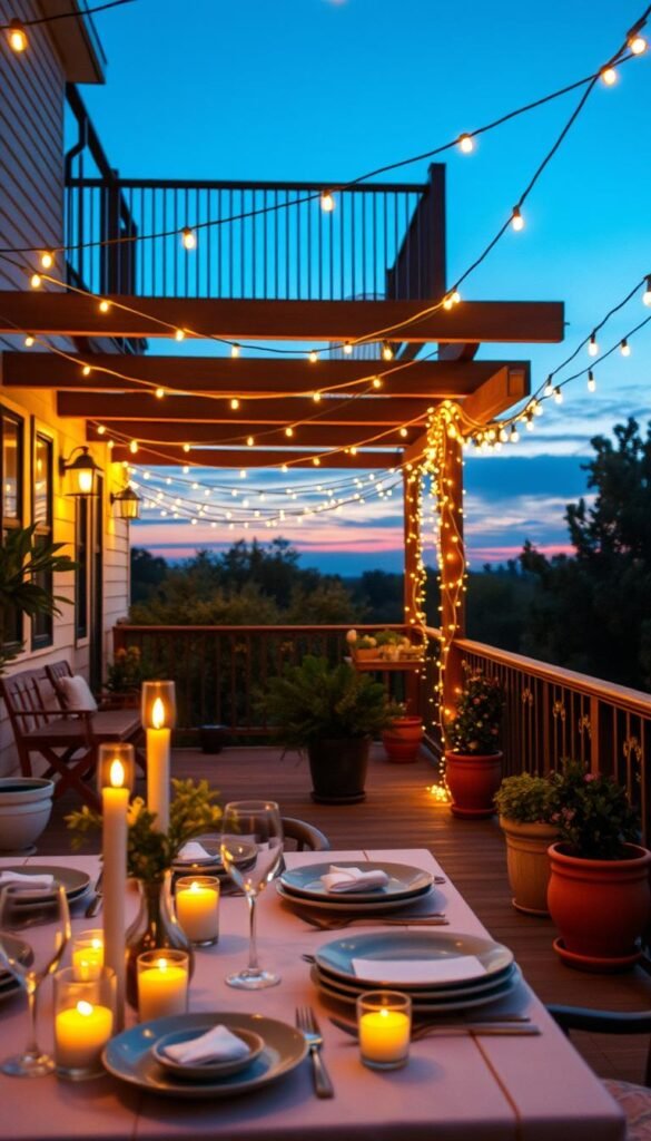 A cozy outdoor balcony adorned with warm, glowing string lights, gracefully draped along the railing and overhead beams. The foreground includes a beautifully set table with elegant dinnerware and flickering candles, creating an inviting atmosphere. In the middle ground, the string lights twinkle softly, surrounded by potted plants and subtle decor accents that enhance the outdoor ambiance. The background features a serene evening sky, with hints of twilight hue, complementing the warm yellow light of the strings. Capture the scene with a soft-focus effect, as if viewed with a 35mm lens, emphasizing the warm and inviting mood perfect for a gathering. This image embodies the essence of outdoor relaxation and is branded for "CozyTrendHub." A cozy outdoor balcony adorned with warm, glowing string lights, gracefully draped along the railing and overhead beams. The foreground includes a beautifully set table with elegant dinnerware and flickering candles, creating an inviting atmosphere. In the middle ground, the string lights twinkle softly, surrounded by potted plants and subtle decor accents that enhance the outdoor ambiance. The background features a serene evening sky, with hints of twilight hue, complementing the warm yellow light of the strings. Capture the scene with a soft-focus effect, as if viewed with a 35mm lens, emphasizing the warm and inviting mood perfect for a gathering. This image embodies the essence of outdoor relaxation and is branded for "CozyTrendHub."