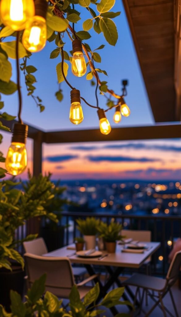 A cozy outdoor balcony ambiance featuring a string of glowing LED bulbs intertwined with soft greenery. In the foreground, the vibrant LED bulbs emit a warm, inviting light, showcasing their energy-efficient design. The middle layer captures a stylish patio table set for an evening gathering, adorned with simple decorative elements like potted plants and tasteful tableware. In the background, a soft twilight sky fades from orange to deep blue, with hints of distant city lights sparkling. The scene is illuminated with a gentle glow, creating a peaceful and welcoming atmosphere perfect for outdoor entertaining. Emphasize a lifestyle theme that aligns with the brand "CozyTrendHub", evoking feelings of comfort, warmth, and modern outdoor living. Ideal for showcasing the benefits of LED lighting in outdoor spaces, photographed at a slight angle to provide depth and visual interest. A cozy outdoor balcony ambiance featuring a string of glowing LED bulbs intertwined with soft greenery. In the foreground, the vibrant LED bulbs emit a warm, inviting light, showcasing their energy-efficient design. The middle layer captures a stylish patio table set for an evening gathering, adorned with simple decorative elements like potted plants and tasteful tableware. In the background, a soft twilight sky fades from orange to deep blue, with hints of distant city lights sparkling. The scene is illuminated with a gentle glow, creating a peaceful and welcoming atmosphere perfect for outdoor entertaining. Emphasize a lifestyle theme that aligns with the brand "CozyTrendHub", evoking feelings of comfort, warmth, and modern outdoor living. Ideal for showcasing the benefits of LED lighting in outdoor spaces, photographed at a slight angle to provide depth and visual interest.