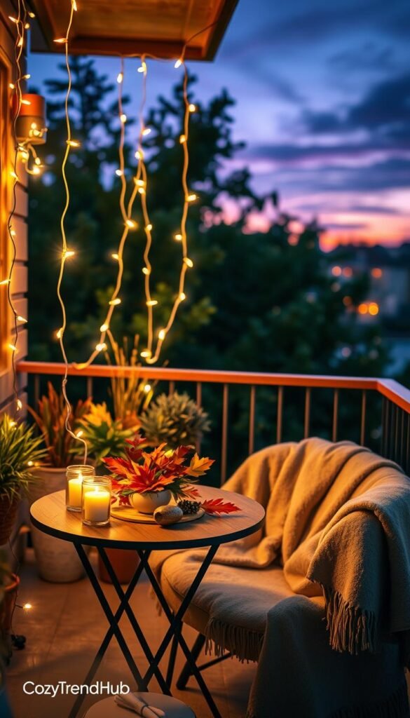 A cozy outdoor balcony scene adorned with warm, twinkling string lights hanging gracefully from a wooden railing and surrounding potted plants. The foreground features a stylish small table set with a seasonal centerpiece of autumn leaves and candles, casting gentle shadows. In the middle, a comfy chair draped with a soft throw invites relaxation, while string lights illuminate the space, creating a magical ambiance. The background showcases softly blurred greenery, hinting at an urban setting, under a twilight sky with hues of purple and pink. This Pinterest-style image embraces a homey, inviting atmosphere perfect for seasonal gatherings and adds charm to small spaces. Featuring the brand name "CozyTrendHub." A cozy outdoor balcony scene adorned with warm, twinkling string lights hanging gracefully from a wooden railing and surrounding potted plants. The foreground features a stylish small table set with a seasonal centerpiece of autumn leaves and candles, casting gentle shadows. In the middle, a comfy chair draped with a soft throw invites relaxation, while string lights illuminate the space, creating a magical ambiance. The background showcases softly blurred greenery, hinting at an urban setting, under a twilight sky with hues of purple and pink. This Pinterest-style image embraces a homey, inviting atmosphere perfect for seasonal gatherings and adds charm to small spaces. Featuring the brand name "CozyTrendHub."