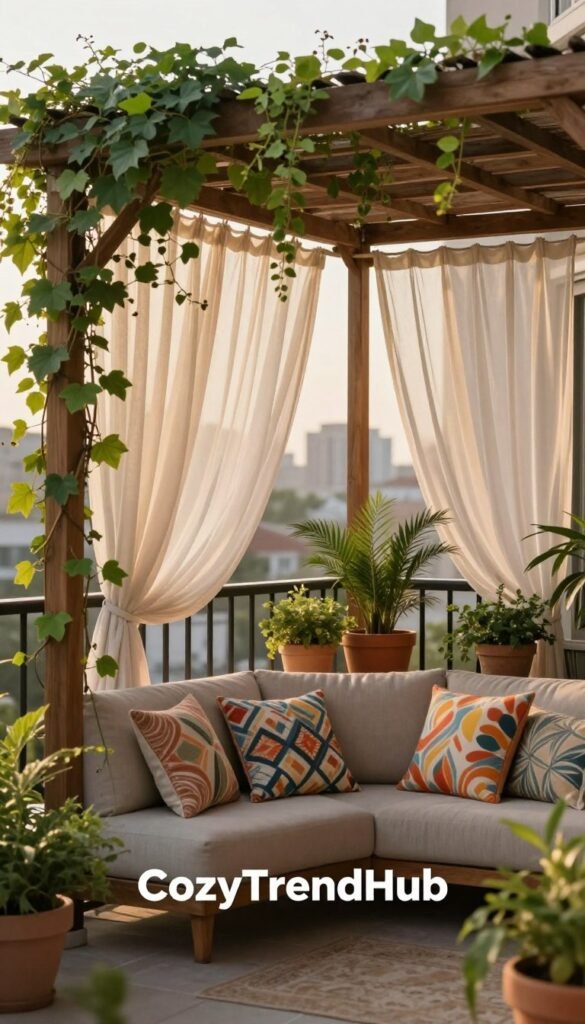 A cozy outdoor balcony scene designed for privacy, showcasing elegant solutions for intimate spaces. In the foreground, a stylish wooden trellis draped with lush green vines partially obscures the view. A plush, neutral-colored sofa with vibrant patterned cushions invites relaxation, while potted plants with varying heights create layers. The middle ground features softly fluttering sheer curtains hanging from the balcony railing, enhancing the feeling of seclusion. In the background, a city skyline hints at nearby neighbors, with warm golden hour lighting casting a soft glow over the scene. The atmosphere feels serene and inviting, perfect for unwinding in privacy. Styled in a Pinterest-inspired aesthetic, branded as "CozyTrendHub."