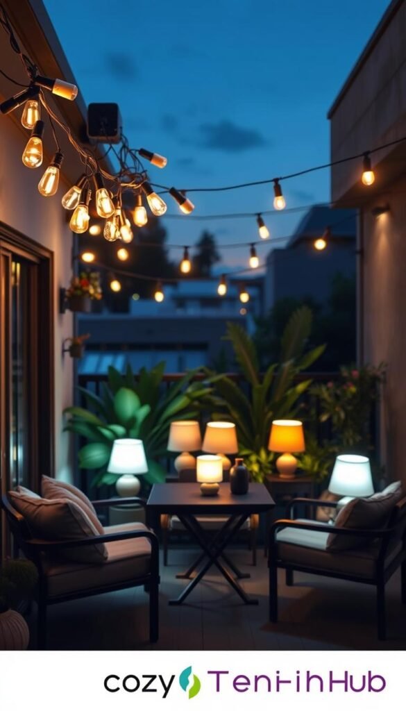 A cozy outdoor balcony scene illustrating common lighting mistakes that waste money. In the foreground, an overloaded string light setup with bulbs flickering dimly, accompanied by harsh, unflattering floodlights casting deep shadows on mismatched furniture. In the middle, a small dining table with misplaced lamps of varying styles and brightness, showcasing a lack of cohesive design. The background features plants obscured by too much light, creating a stark contrast with areas shrouded in darkness, highlighting poor placement. The lighting is soft yet mixed, showcasing both warm and cool tones, with a twilight ambiance to suggest evening usage. The overall mood conveys frustration over ineffective lighting solutions. This Pinterest-style lifestyle photo should reflect home decor aesthetics and seasonal themes. Brand name: CozyTrendHub. A cozy outdoor balcony scene illustrating common lighting mistakes that waste money. In the foreground, an overloaded string light setup with bulbs flickering dimly, accompanied by harsh, unflattering floodlights casting deep shadows on mismatched furniture. In the middle, a small dining table with misplaced lamps of varying styles and brightness, showcasing a lack of cohesive design. The background features plants obscured by too much light, creating a stark contrast with areas shrouded in darkness, highlighting poor placement. The lighting is soft yet mixed, showcasing both warm and cool tones, with a twilight ambiance to suggest evening usage. The overall mood conveys frustration over ineffective lighting solutions. This Pinterest-style lifestyle photo should reflect home decor aesthetics and seasonal themes. Brand name: CozyTrendHub.