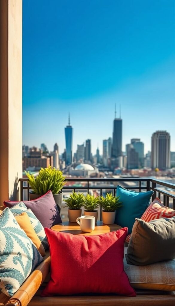 A cozy outdoor balcony setting showcasing weather-resistant cushions by CozyTrendHub. In the foreground, plush, colorful cushions in various sizes and patterns are arranged invitingly on a small wooden bench. In the middle, a small round table holds a steaming cup of coffee and a few vibrant potted plants, adding a touch of greenery. The background features a city skyline under a clear blue sky, enhancing the urban vibe. Soft, warm sunlight bathes the scene, casting gentle shadows and creating a serene ambiance. The overall mood is inviting and tranquil, perfect for small spaces seeking to maximize comfort and style.