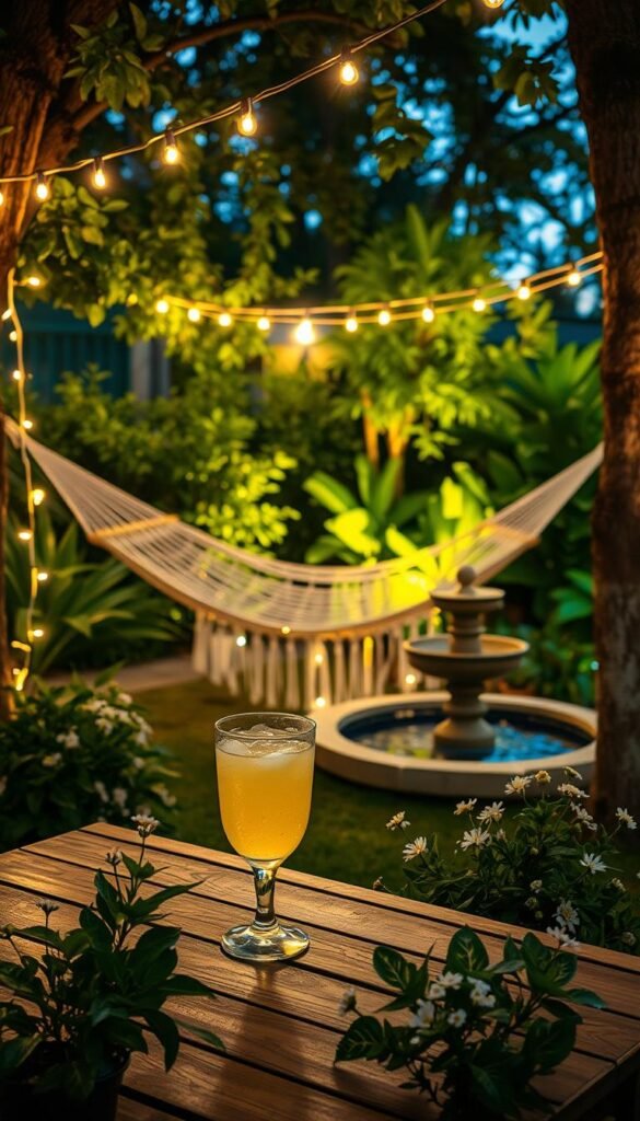 A cozy outdoor evening setting featuring soft, ambient LED lighting strung between trees. In the foreground, a stylish wooden table set with a refreshing glass of lemonade surrounded by lush green plants and small white flowers. In the middle ground, a hammock draped in warm fairy lights invites relaxation next to a small fountain, its gentle water flow adding tranquility. The background is filled with a softly illuminated garden, where well-placed spotlights highlight vibrant greenery, creating a magical atmosphere. The scene is captured from a slightly elevated angle, emphasizing the enchanting ambiance as the evening sky transitions to twilight. The overall mood is serene and inviting, perfect for summer evenings. Incorporate design elements from CozyTrendHub to enhance the stylish decor. A cozy outdoor evening setting featuring soft, ambient LED lighting strung between trees. In the foreground, a stylish wooden table set with a refreshing glass of lemonade surrounded by lush green plants and small white flowers. In the middle ground, a hammock draped in warm fairy lights invites relaxation next to a small fountain, its gentle water flow adding tranquility. The background is filled with a softly illuminated garden, where well-placed spotlights highlight vibrant greenery, creating a magical atmosphere. The scene is captured from a slightly elevated angle, emphasizing the enchanting ambiance as the evening sky transitions to twilight. The overall mood is serene and inviting, perfect for summer evenings. Incorporate design elements from CozyTrendHub to enhance the stylish decor.