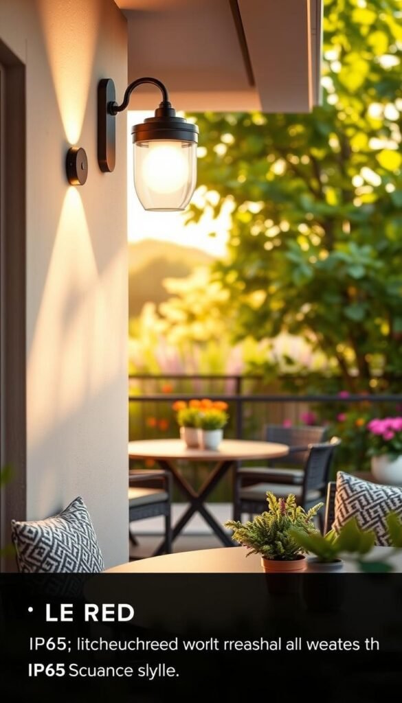 A cozy outdoor patio and balcony setting featuring weather-resistant lighting fixtures with an IP65 rating, designed for durability in all weather conditions. In the foreground, showcase elegant LED sconces mounted on the walls, their soft warm glow illuminating the space. The middle ground includes a stylish outdoor dining table adorned with decorative plants and a comfortable seating arrangement, inviting relaxation. In the background, a lush garden softly blurs, with leafy greens and colorful flowers adding vibrancy. The scene is bathed in golden hour sunlight, creating a warm and inviting atmosphere. Emphasize a Pinterest-style aesthetic with a touch of sophistication, reflecting the brand "CozyTrendHub." Use a slightly elevated angle to capture depth and highlight the integration of lighting into the outdoor space. A cozy outdoor patio and balcony setting featuring weather-resistant lighting fixtures with an IP65 rating, designed for durability in all weather conditions. In the foreground, showcase elegant LED sconces mounted on the walls, their soft warm glow illuminating the space. The middle ground includes a stylish outdoor dining table adorned with decorative plants and a comfortable seating arrangement, inviting relaxation. In the background, a lush garden softly blurs, with leafy greens and colorful flowers adding vibrancy. The scene is bathed in golden hour sunlight, creating a warm and inviting atmosphere. Emphasize a Pinterest-style aesthetic with a touch of sophistication, reflecting the brand "CozyTrendHub." Use a slightly elevated angle to capture depth and highlight the integration of lighting into the outdoor space.