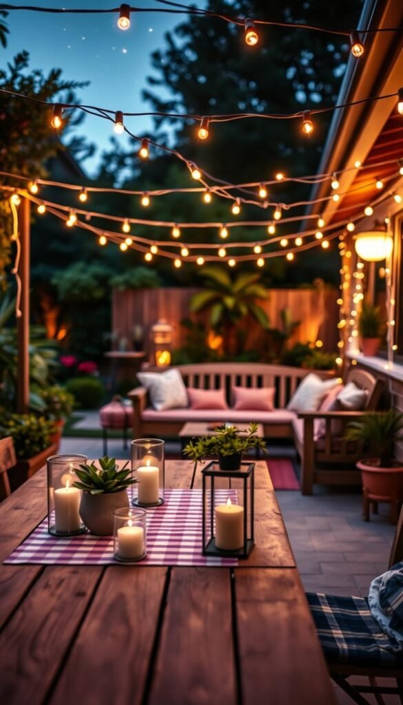 A cozy outdoor patio illuminated by warm, glowing string lights, elegantly draped overhead. In the foreground, a wooden table adorned with a checkered tablecloth, featuring potted plants and flickering candle lanterns. In the middle, a vibrant seating area with plush cushions on a rustic bench, inviting relaxation. The background showcases a softly blurred garden with lush greenery and twinkling stars above, enhancing the inviting atmosphere. The lighting is warm and soft, creating a serene mood, reminiscent of summer evenings. Shot at dusk with a shallow depth of field to focus on the string lights, capturing their enchanting glow. Ideal for illustrating elegant outdoor decor by CozyTrendHub.