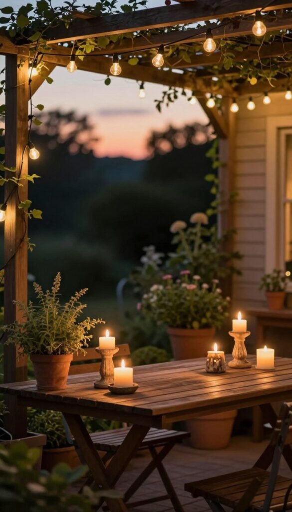 A cozy outdoor patio scene designed to extend evening gatherings, featuring soft, warm lighting. In the foreground, delicate string lights hang gracefully from an overhead trellis, casting a gentle glow. Next, a small wooden table adorned with rustic candleholders in varying heights flickers with candlelight. In the middle of the scene, potted plants and herbs create a lush green backdrop, emphasizing a sense of tranquility and nature. The background showcases subtle, dusky skies as the sun sets, enhancing the warm ambiance. Photography-style, shot from an angle that captures both the lighting and decor elements while ensuring a harmonious balance. The mood is inviting and serene, perfect for peaceful evenings outdoors. This image embodies the essence of stylish, functional outdoor decor for small spaces, branded as "CozyTrendHub".