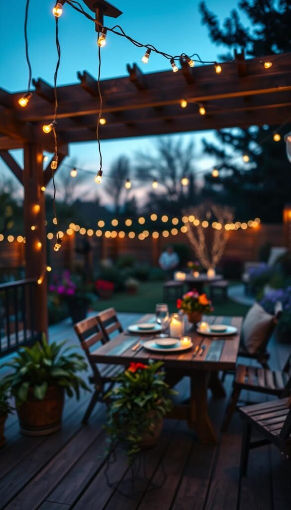 A cozy outdoor patio scene featuring solar string lights twinkling softly at dusk. In the foreground, delicate, warm white lights hang from a charming wooden pergola, casting a gentle glow. There are potted plants with lush greenery and colorful flowers placed strategically on a wooden deck. In the middle, a rustic wooden table is elegantly set with outdoor dinnerware and flickering candles, inviting a relaxed atmosphere. The background showcases a peaceful garden with soft silhouettes of trees under a twilight sky. The overall mood is enchanting and inviting, perfect for evening gatherings. Capture this image in a photo-realistic style, akin to Pinterest lifestyle aesthetics, emphasizing the brand CozyTrendHub. Use a warm color palette with a shallow depth of field to create an intimate ambiance.